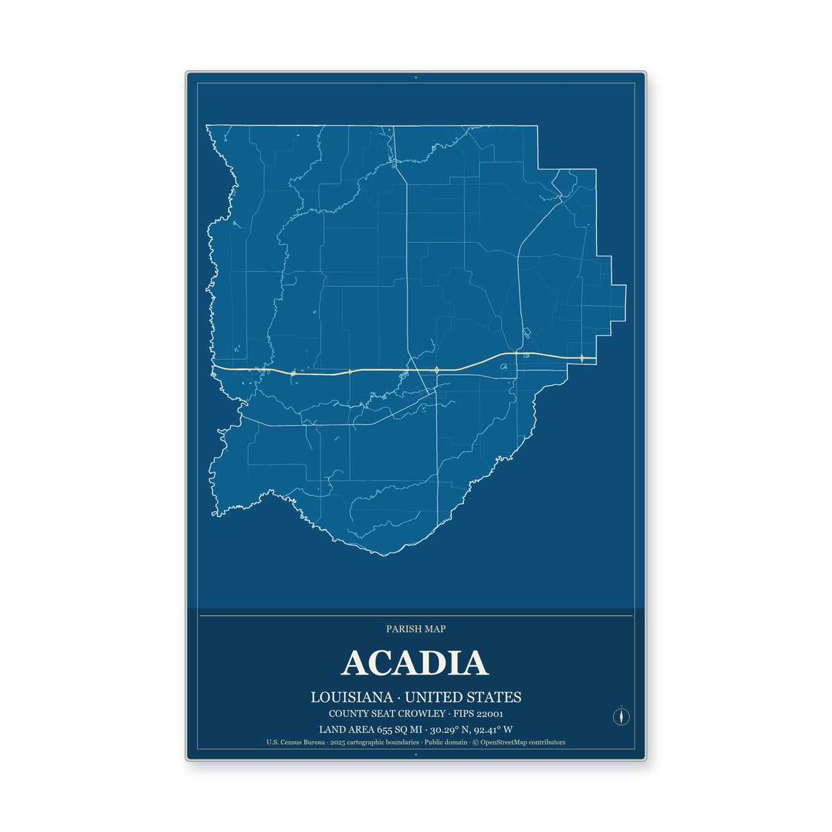 Acadia Parish, Louisiana Map Aluminum Sign in Harbor Cobalt style
