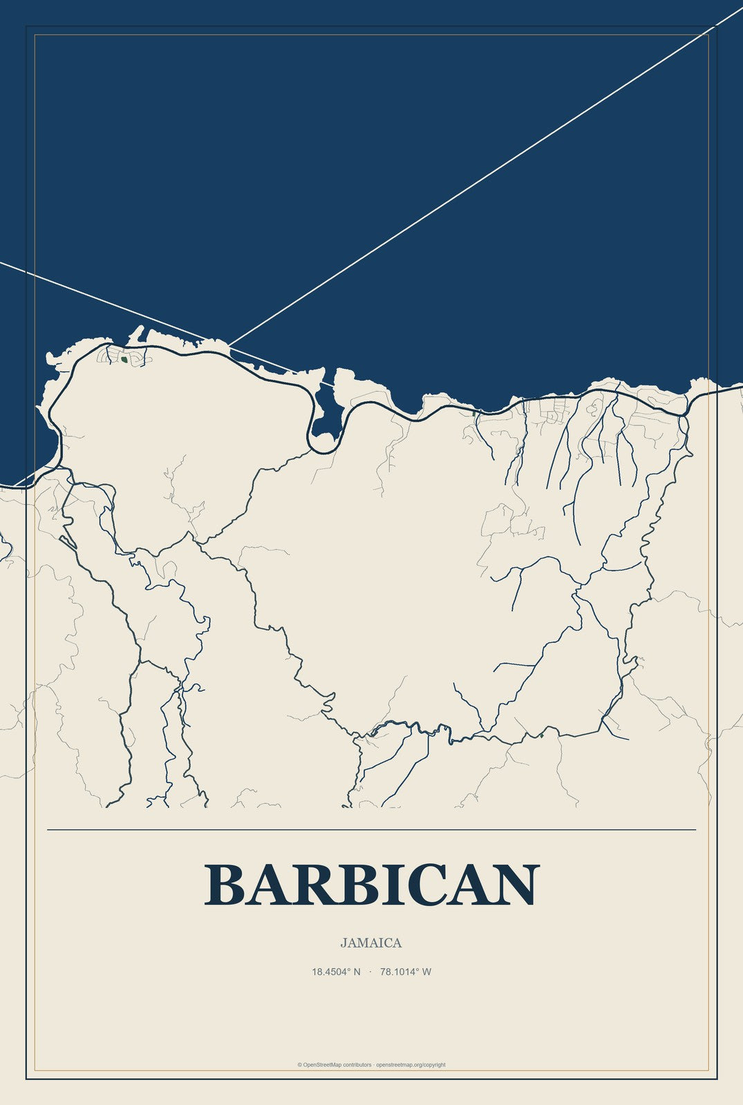 Barbican, Jamaica City Map Aluminum Sign in Coastal Cutout style