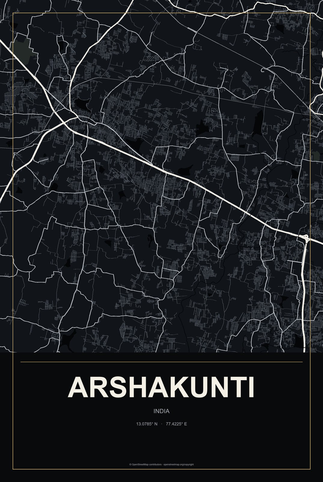 Arshakunti, India City Map Aluminum Sign in Metropolitan Noir style