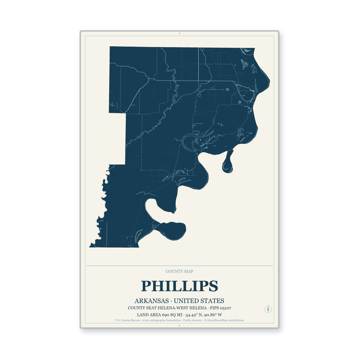 Phillips County, Arkansas Map Aluminum Sign in Coastal Cutout style
