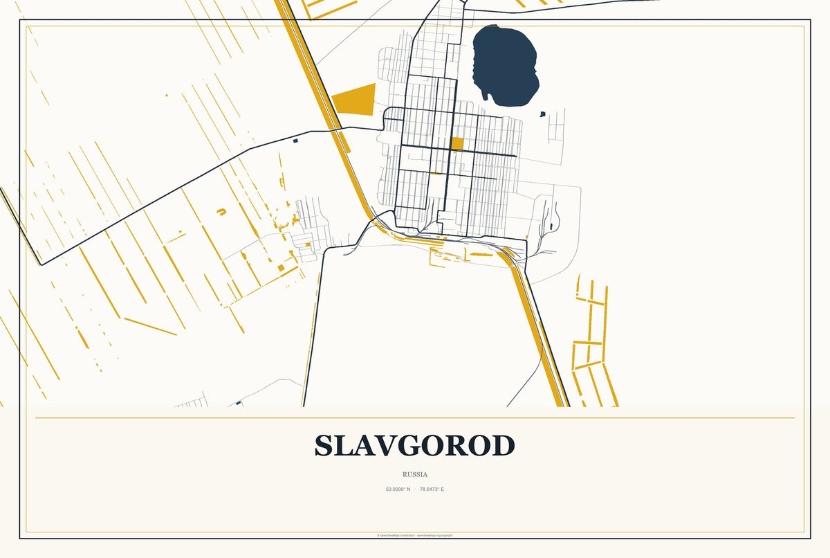 Slavgorod, Russia City Map Aluminum Sign in Citrine Modern style