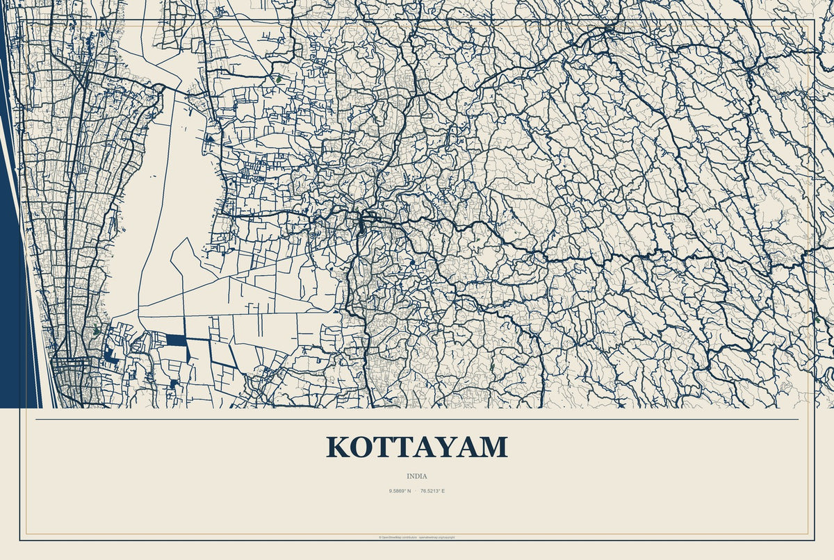 Kottayam, India City Map Aluminum Sign in Coastal Cutout style
