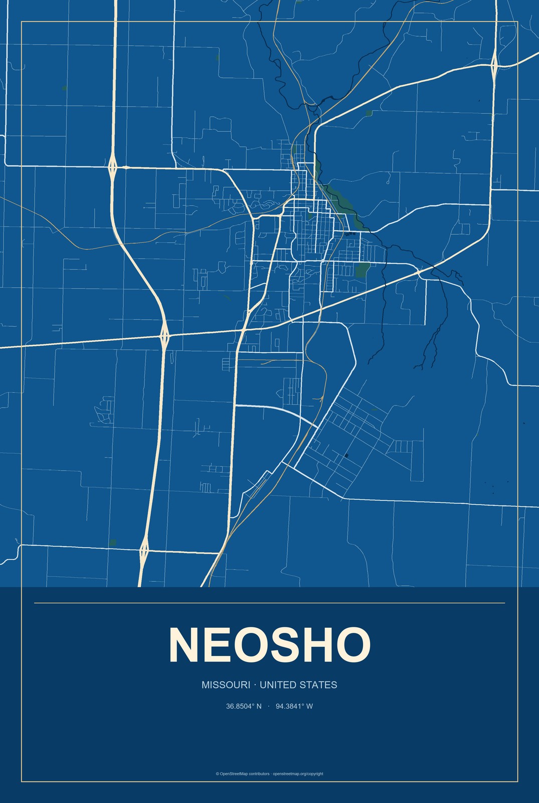 Neosho, Missouri City Map Aluminum Sign in Harbor Cobalt style