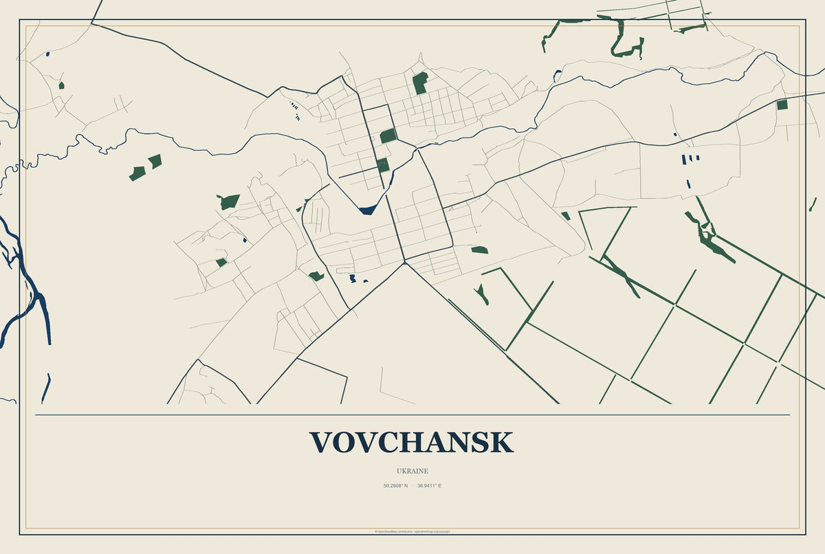Vovchansk, Ukraine City Map Aluminum Sign in Coastal Cutout style