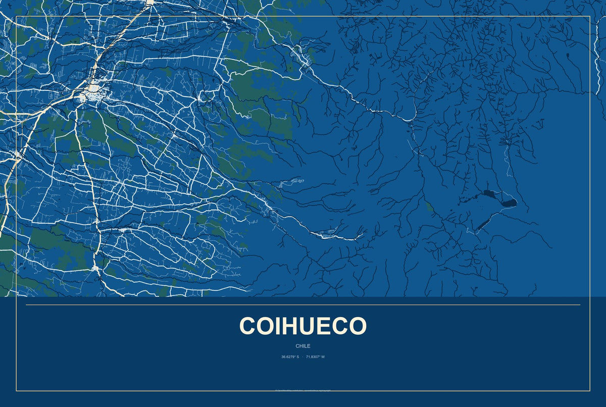 Coihueco, Chile City Map Aluminum Sign in Harbor Cobalt style