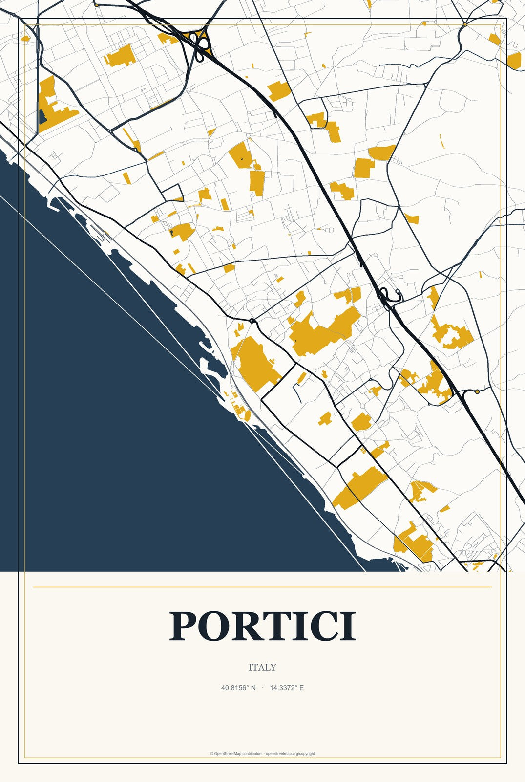 Portici, Italy City Map Aluminum Sign in Citrine Modern style