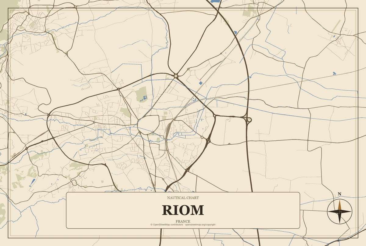 Riom, France City Map Aluminum Sign in Heritage Nautical style
