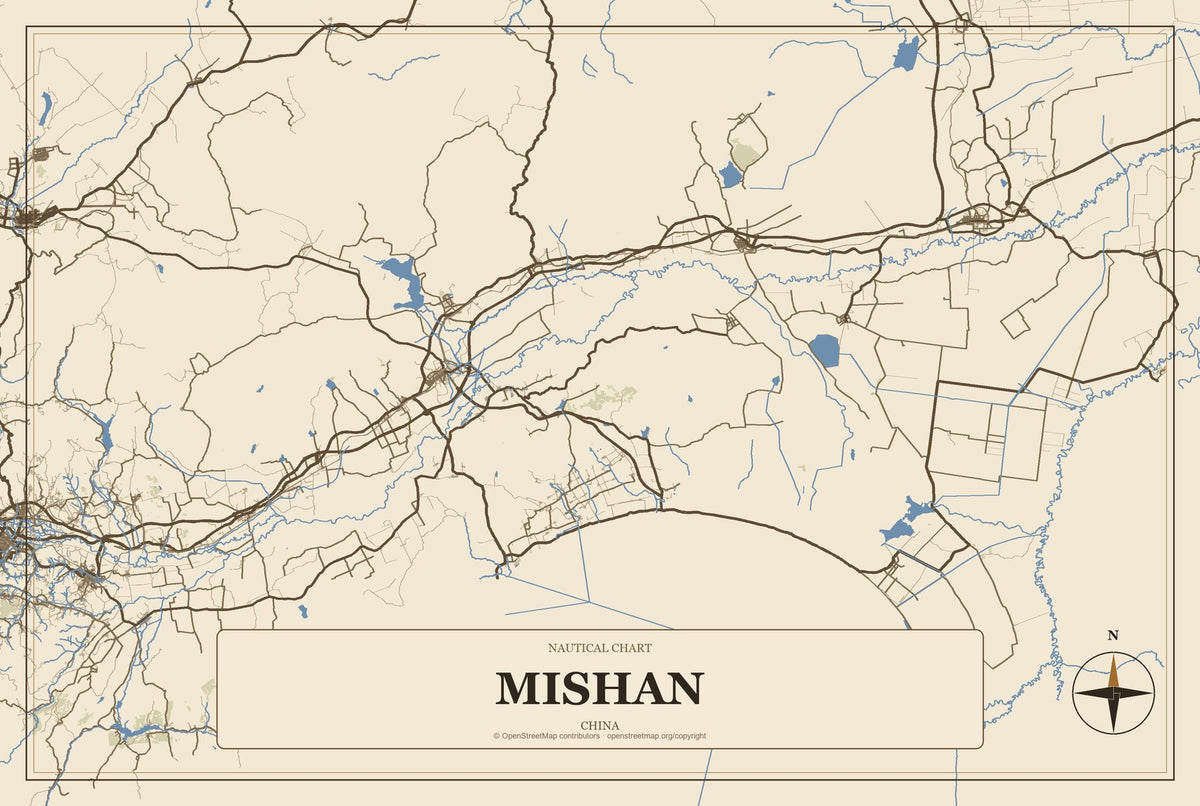 Mishan, China City Map Aluminum Sign in Heritage Nautical style