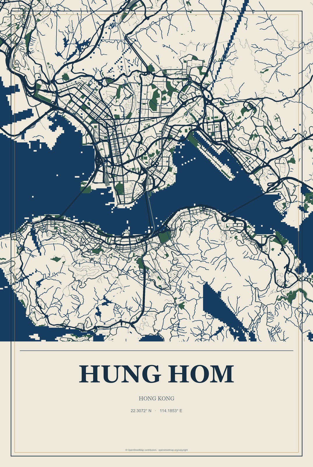 Hung Hom, Hong Kong City Map Aluminum Sign in Coastal Cutout style