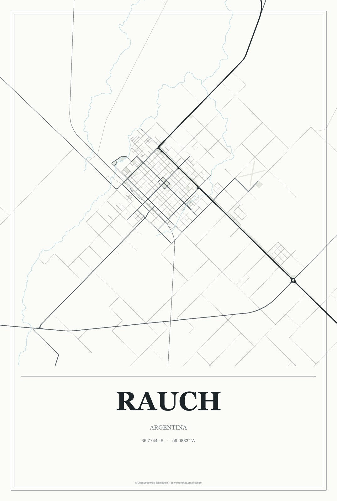 Rauch, Argentina City Map Aluminum Sign in Gallery Air style