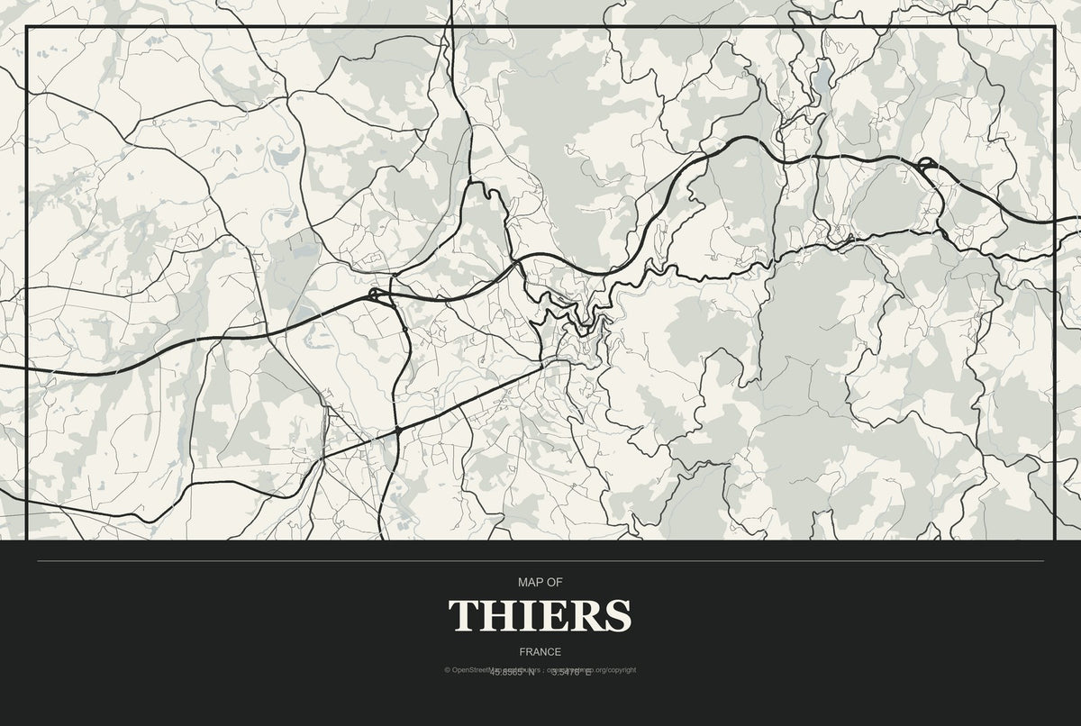 Thiers, France City Map Aluminum Sign in Museum Plaque style