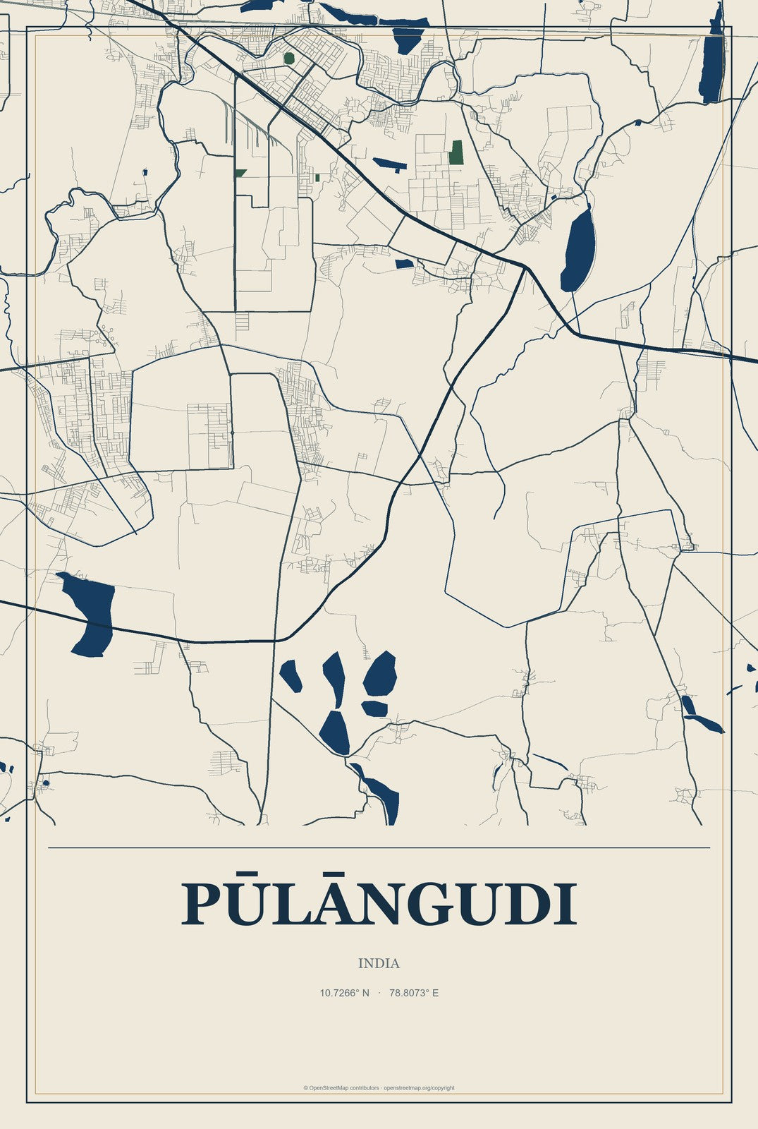 Pūlāngudi, India City Map Aluminum Sign in Coastal Cutout style