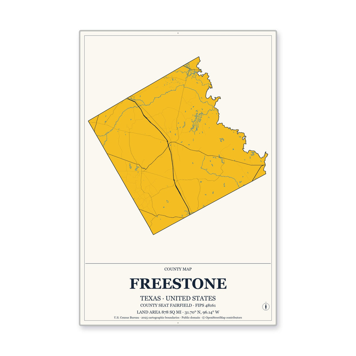 Freestone County, Texas Map Aluminum Sign in Citrine Modern style