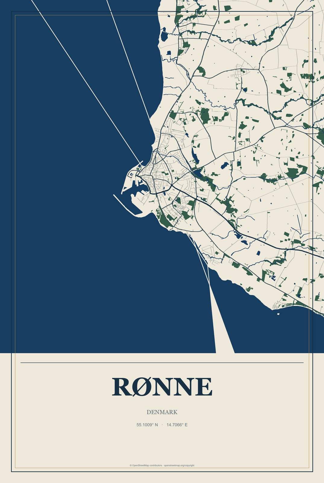 Rønne, Denmark City Map Aluminum Sign in Coastal Cutout style