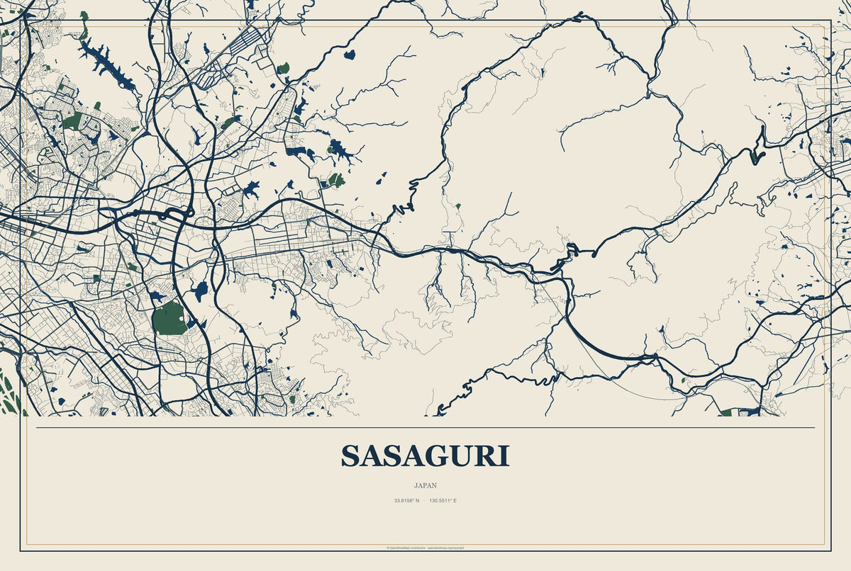 Sasaguri, Japan City Map Aluminum Sign in Coastal Cutout style