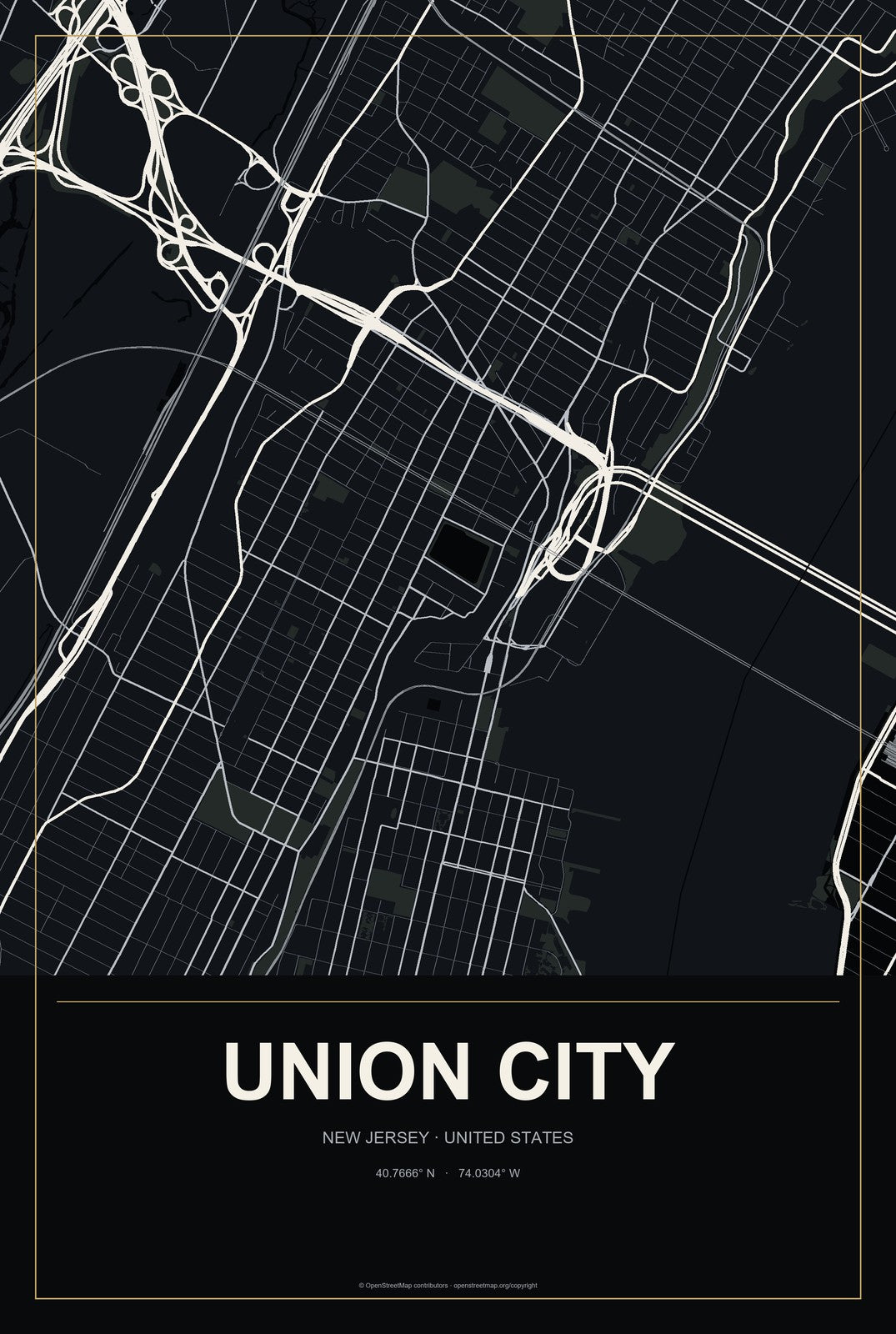 Union City, New Jersey City Map Aluminum Sign in Metropolitan Noir style