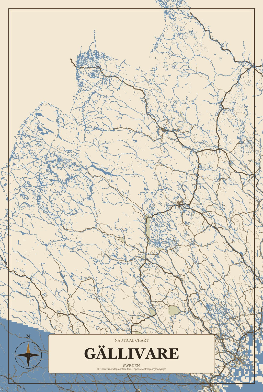 Gällivare, Sweden City Map Aluminum Sign in Heritage Nautical style