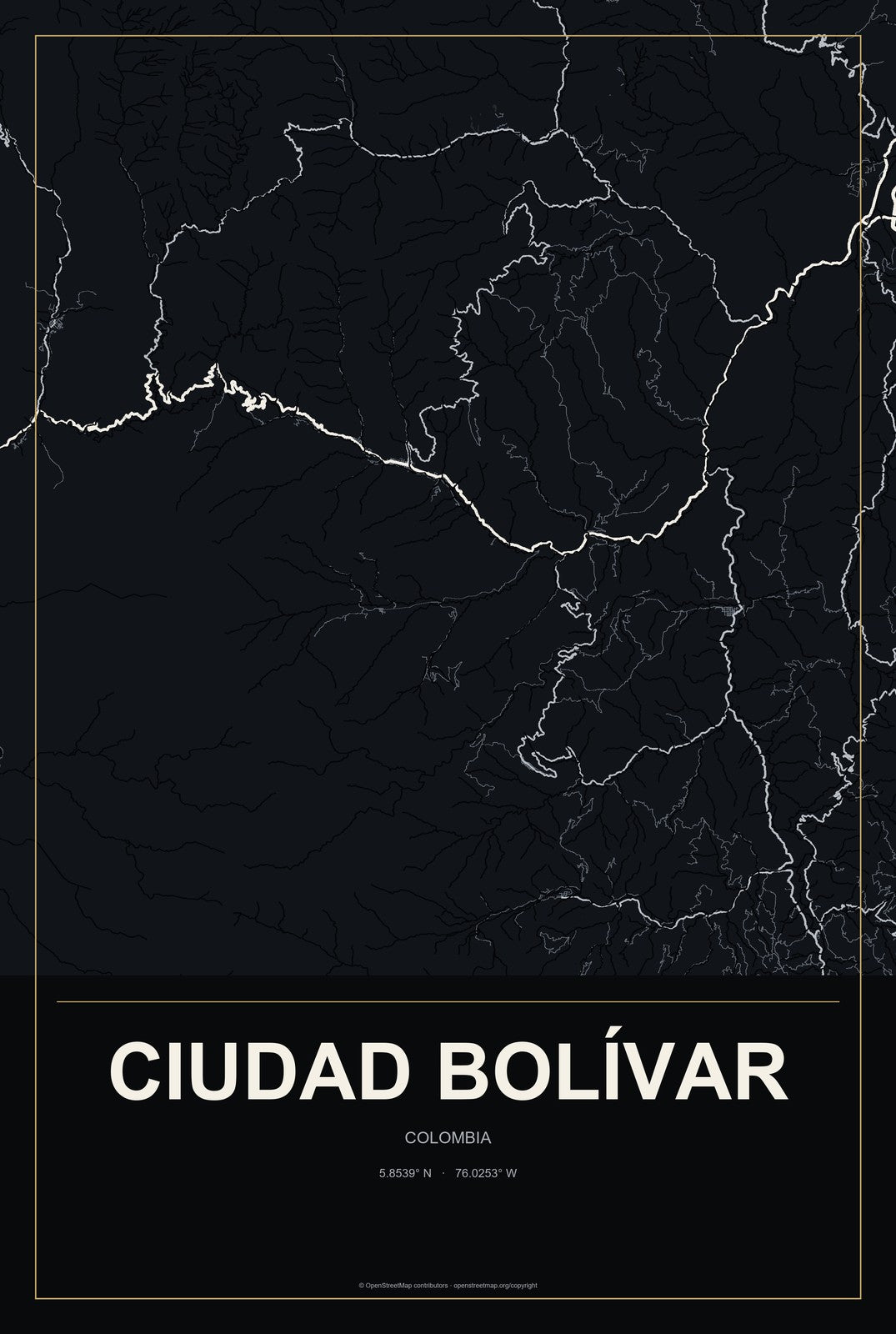 Ciudad Bolívar, Colombia City Map Aluminum Sign in Metropolitan Noir style