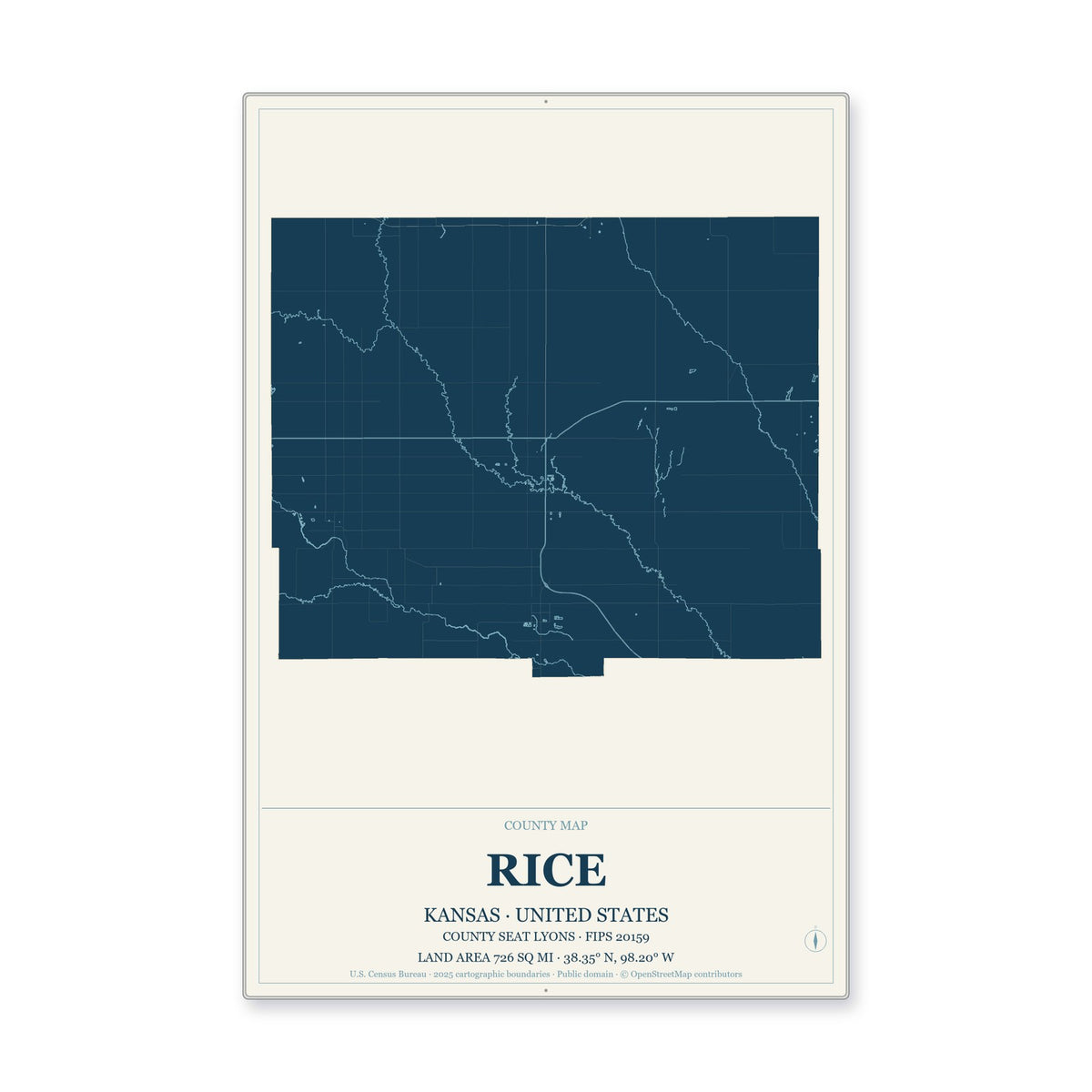 Rice County, Kansas Map Aluminum Sign in Coastal Cutout style