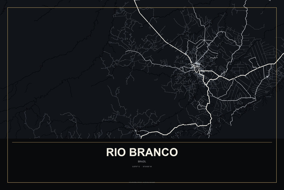 Rio Branco, Brazil City Map Aluminum Sign in Metropolitan Noir style