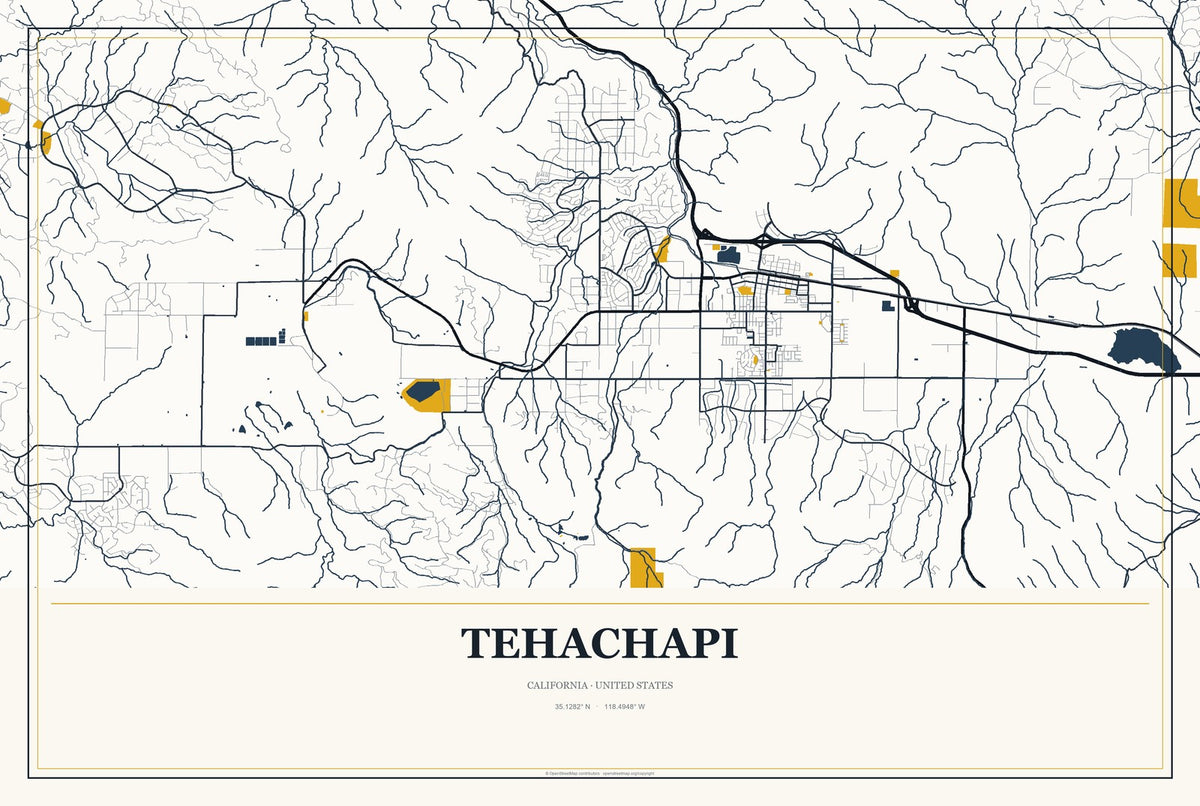 Tehachapi, California City Map Aluminum Sign in Citrine Modern style
