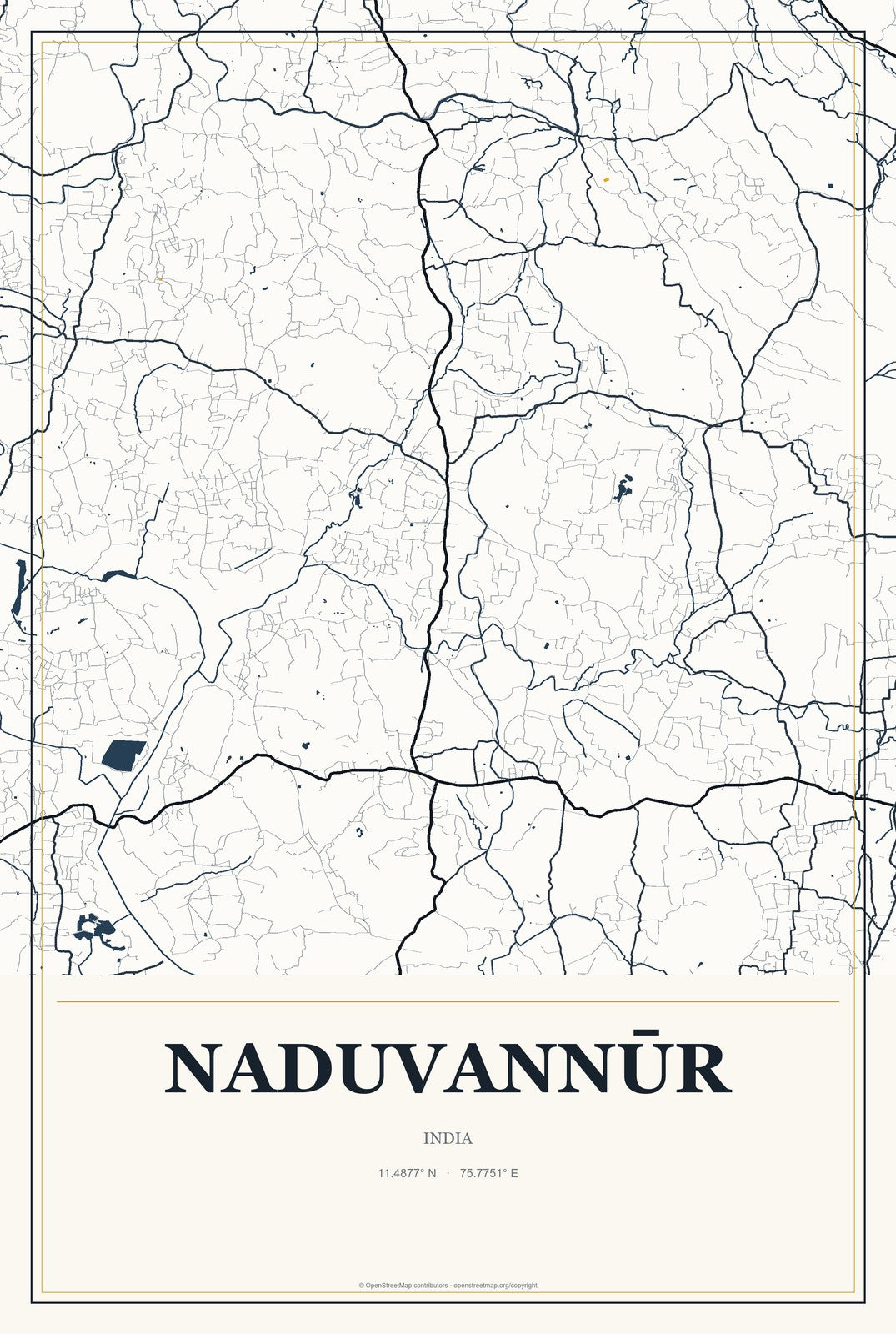 Naduvannūr, India City Map Aluminum Sign in Citrine Modern style