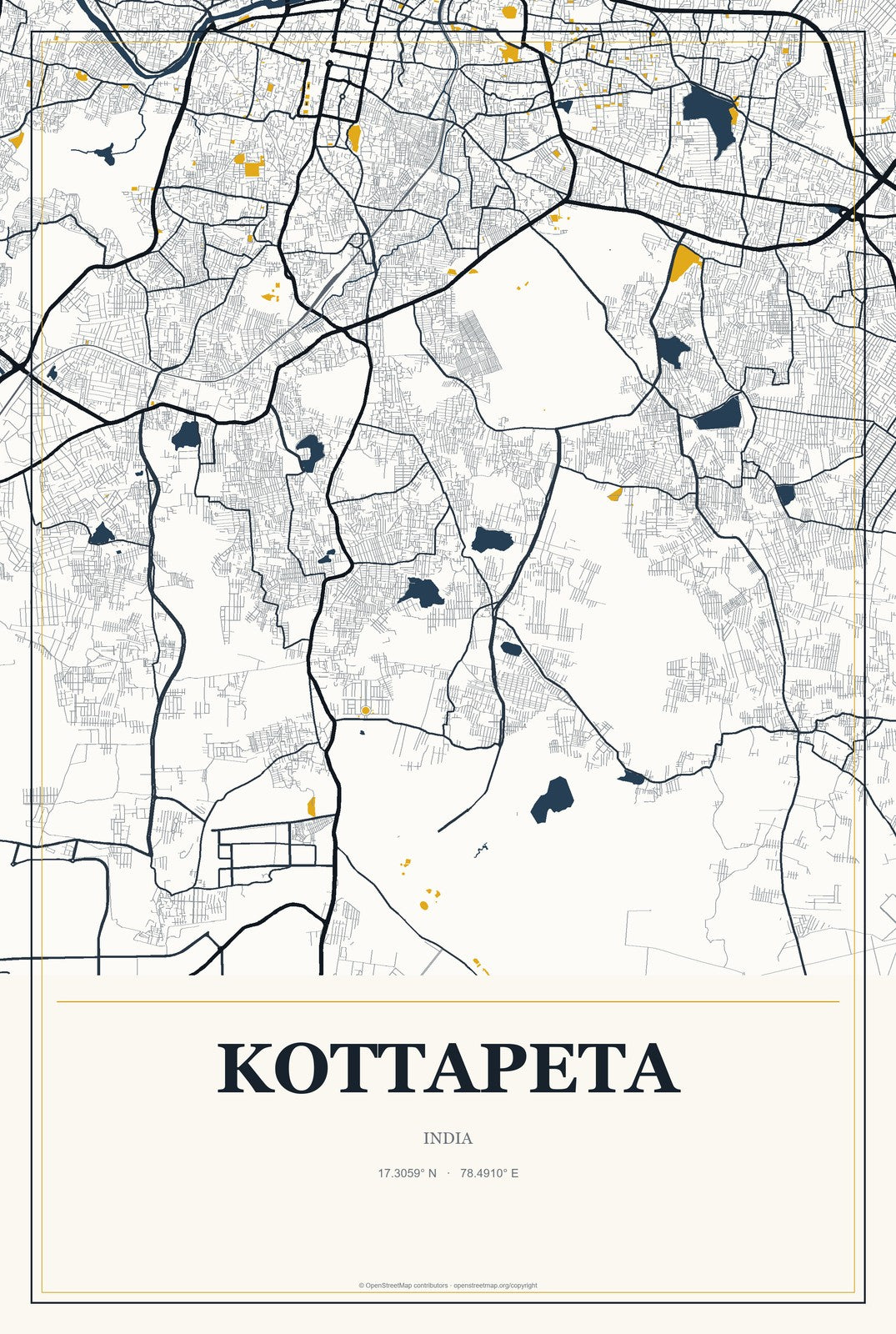 Kottapeta, India City Map Aluminum Sign in Citrine Modern style