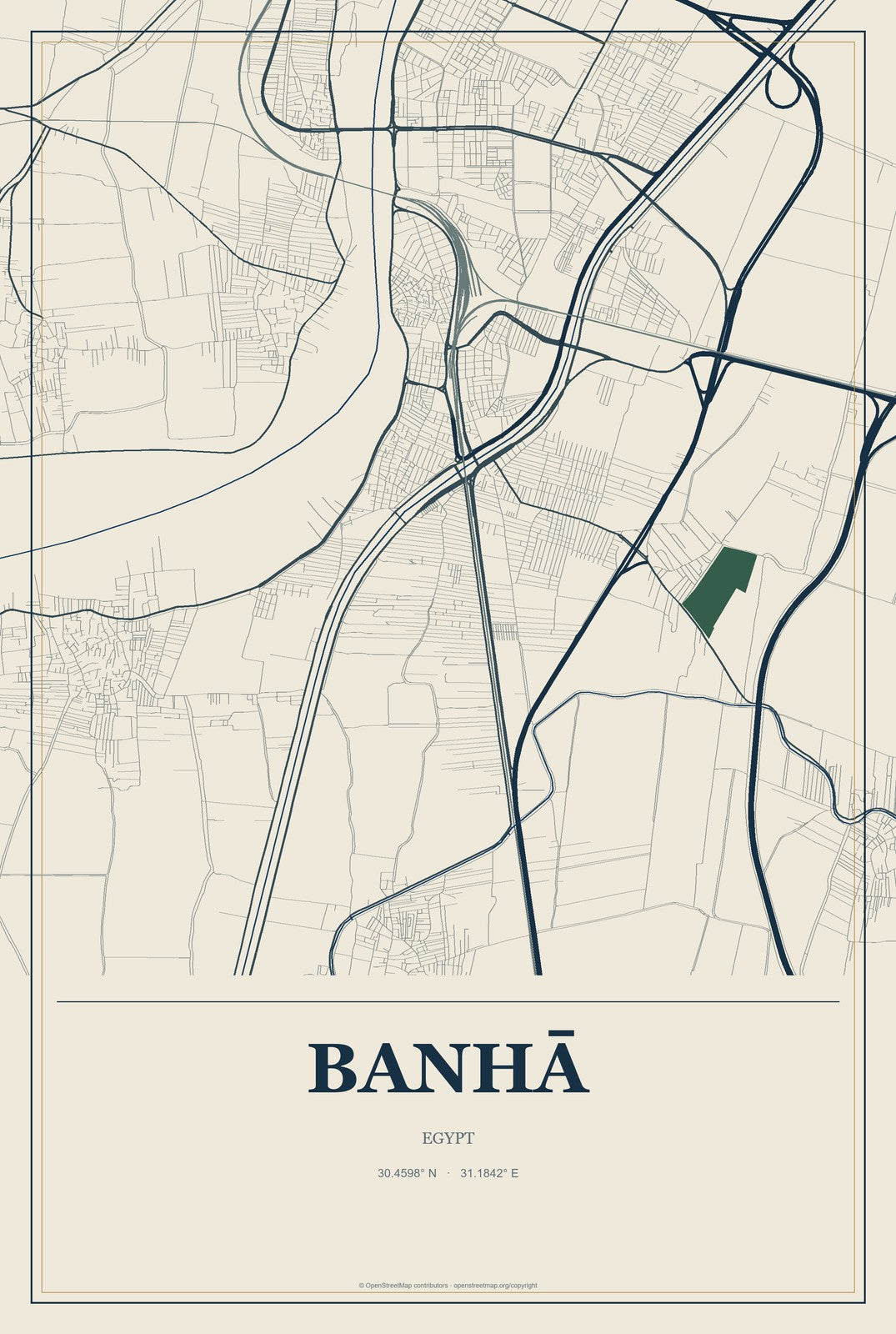 Banhā, Egypt City Map Aluminum Sign in Coastal Cutout style