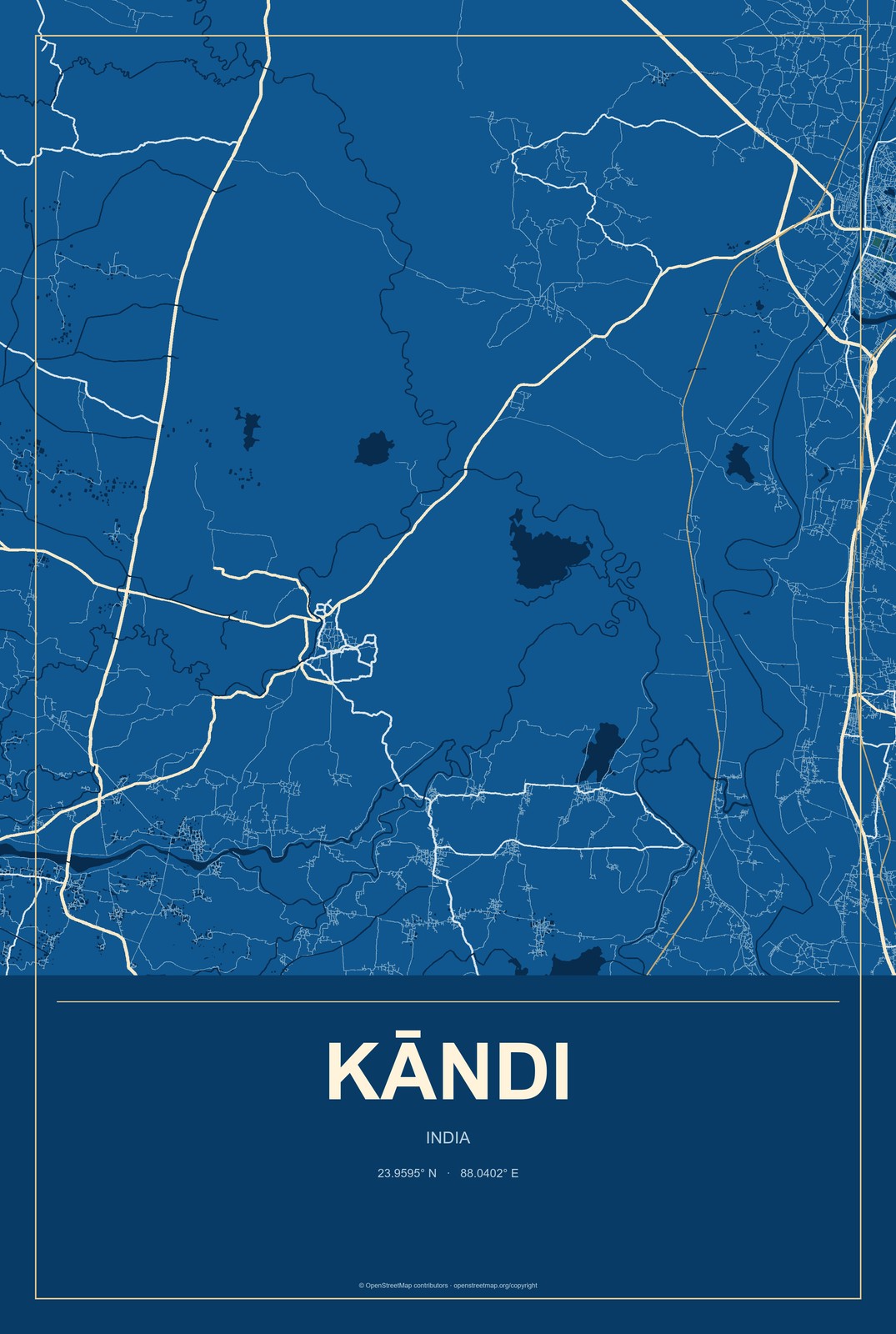 Kāndi, India City Map Aluminum Sign in Harbor Cobalt style