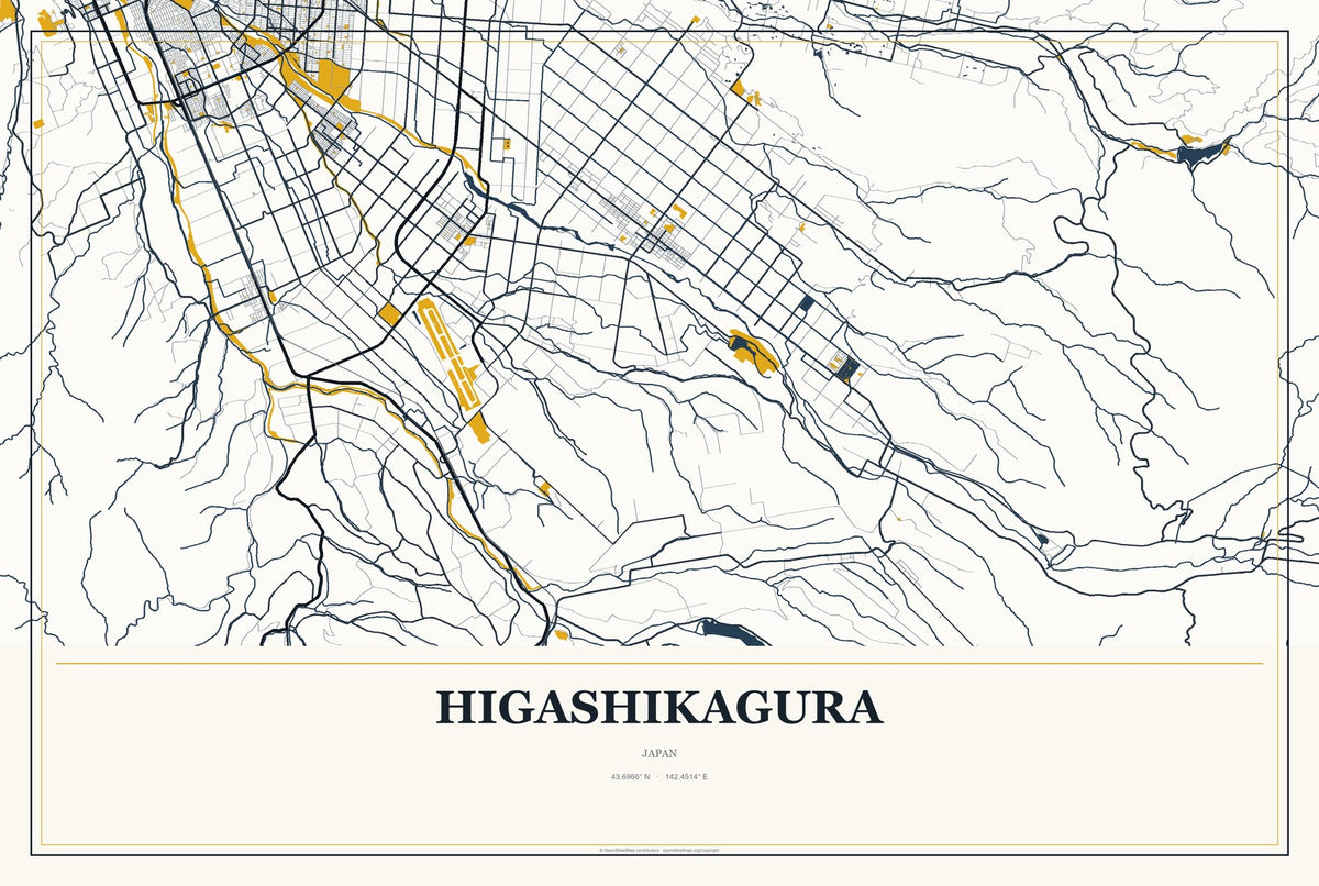 Higashikagura, Japan City Map Aluminum Sign in Citrine Modern style
