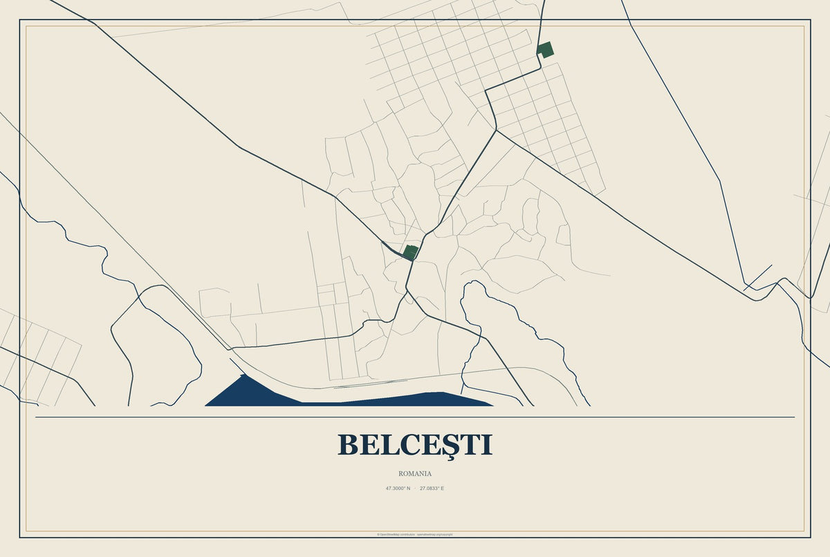 Belceşti, Romania City Map Aluminum Sign in Coastal Cutout style