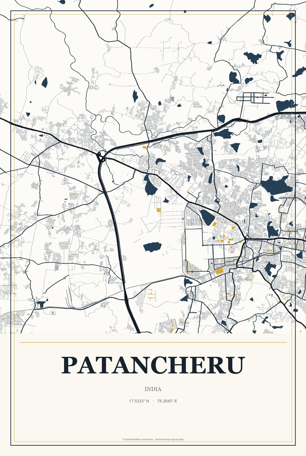 Patancheru, India City Map Aluminum Sign in Citrine Modern style