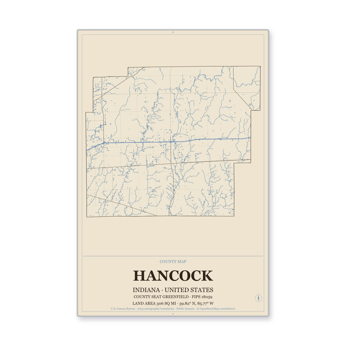 Hancock County, Indiana Map Aluminum Sign in Heritage Nautical style