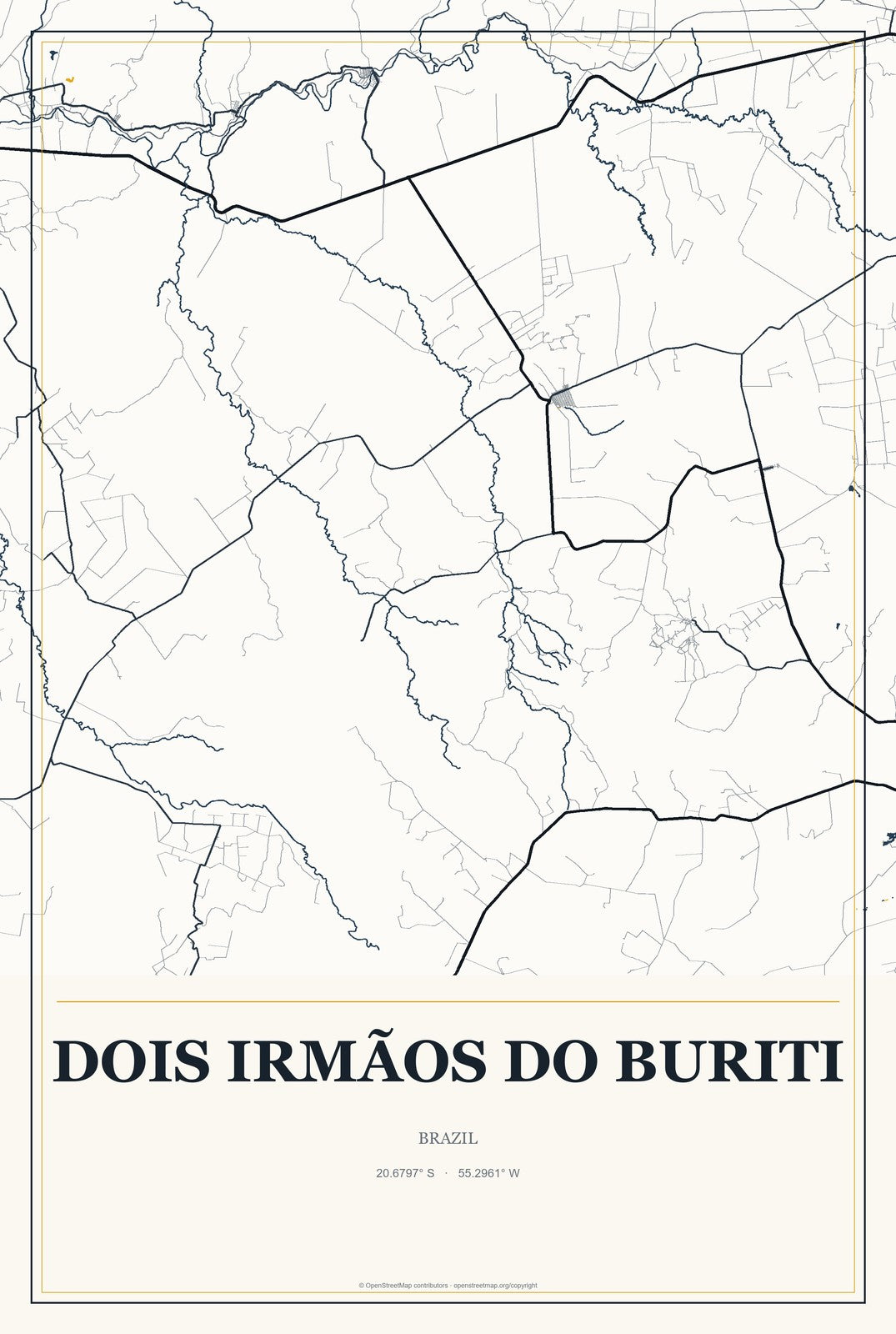 Dois Irmãos do Buriti, Brazil City Map Aluminum Sign in Citrine Modern style