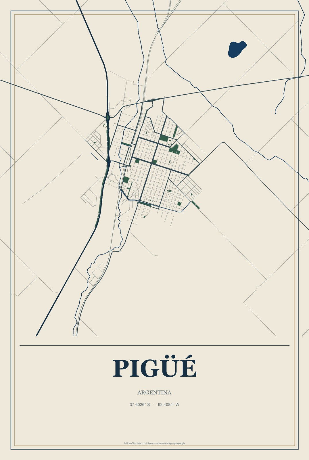 Pigüé, Argentina City Map Aluminum Sign in Coastal Cutout style