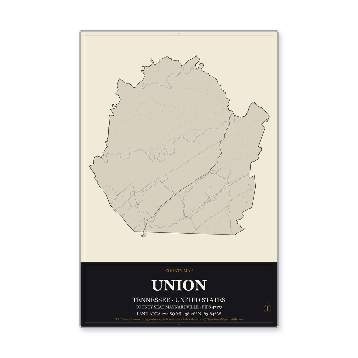 Union County, Tennessee Map Aluminum Sign in Museum Plaque style