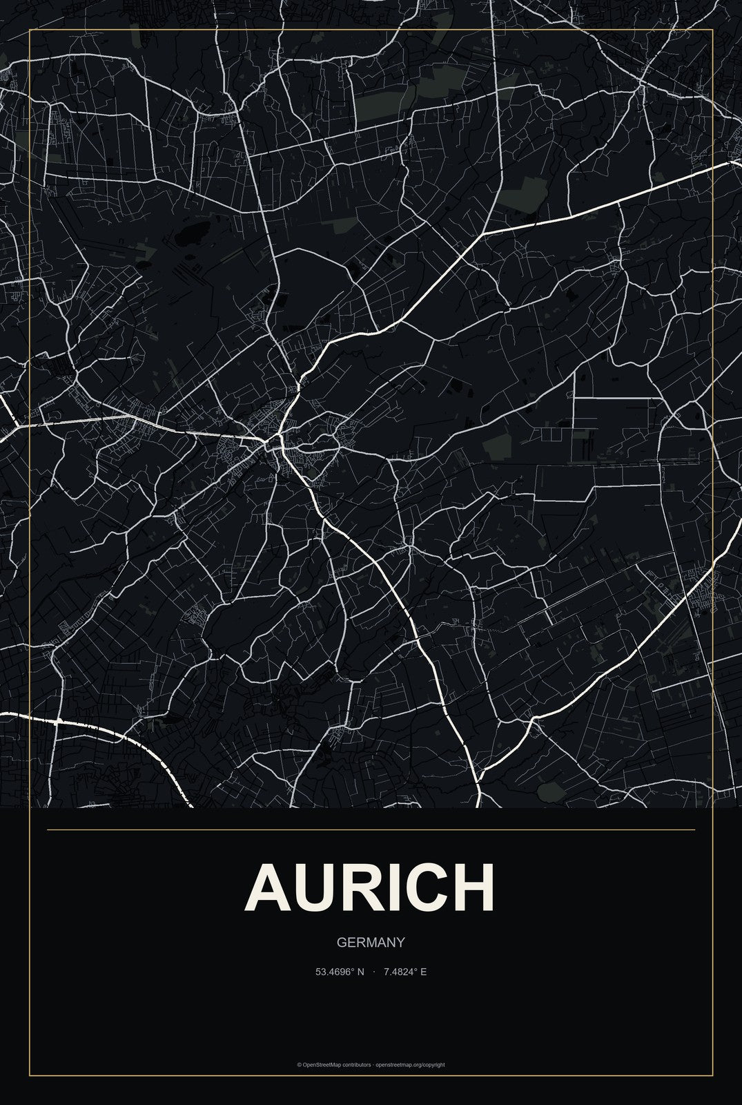 Aurich, Germany City Map Aluminum Sign in Metropolitan Noir style