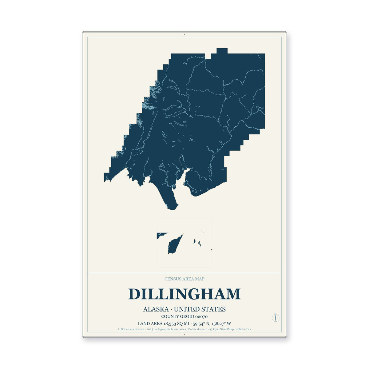 Dillingham Census Area, Alaska Map Aluminum Sign in Coastal Cutout style