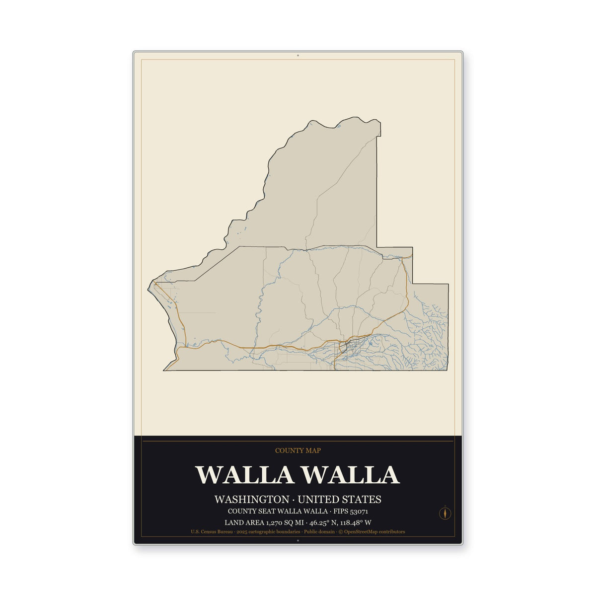 Walla Walla County, Washington Map Aluminum Sign in Museum Plaque style