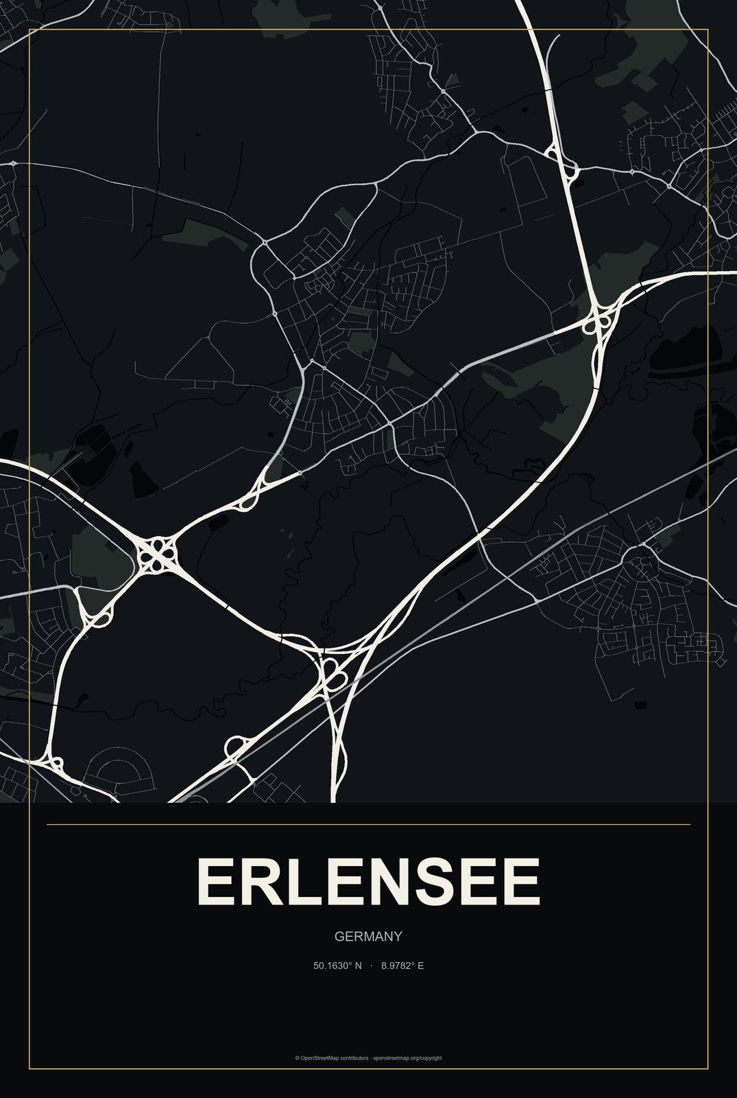 Erlensee, Germany City Map Aluminum Sign in Metropolitan Noir style