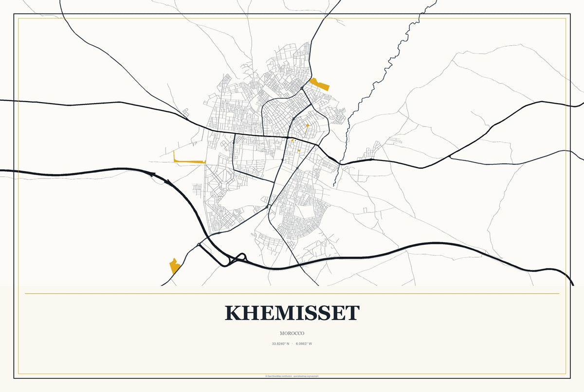 Khemisset, Morocco City Map Aluminum Sign in Citrine Modern style