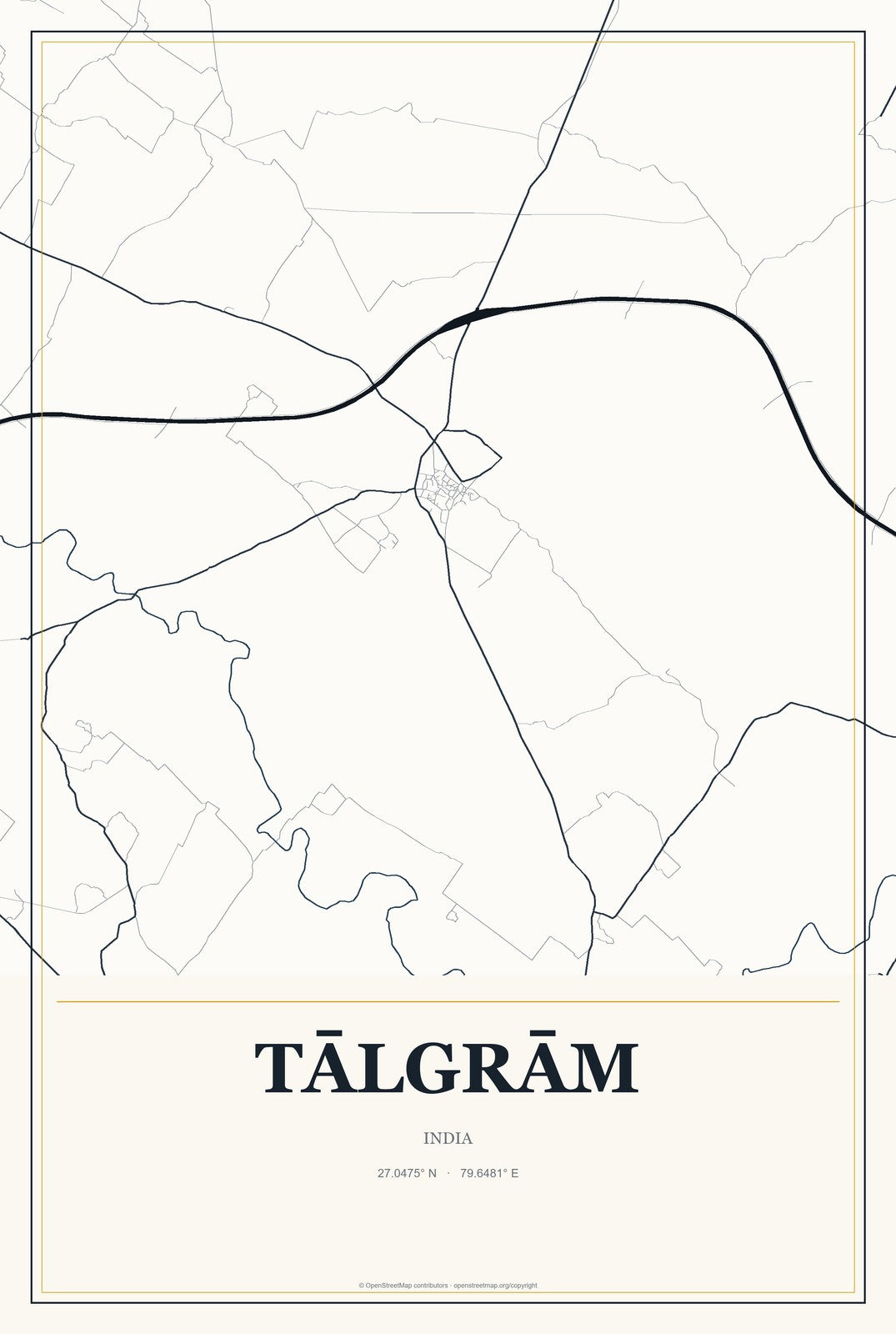 Tālgrām, India City Map Aluminum Sign in Citrine Modern style