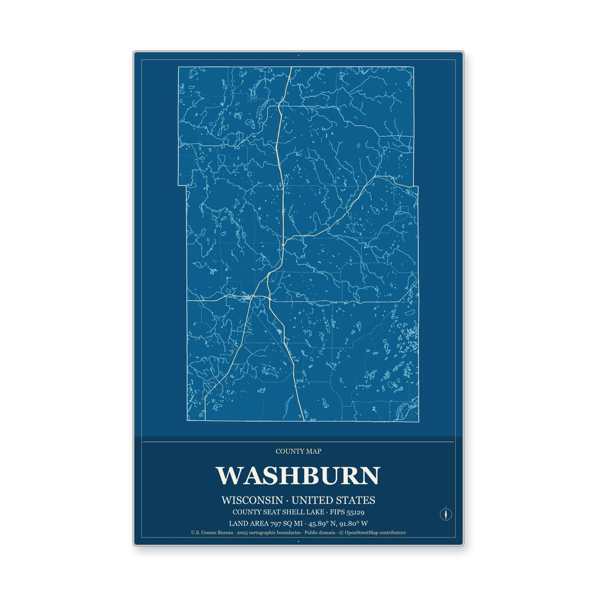 Washburn County, Wisconsin Map Aluminum Sign in Harbor Cobalt style