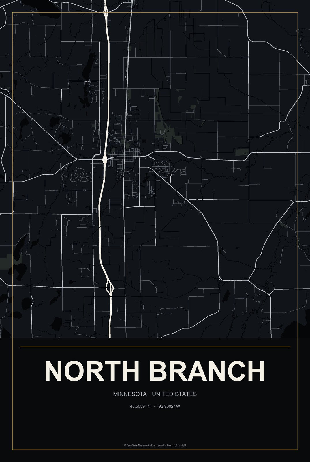 North Branch, Minnesota City Map Aluminum Sign in Metropolitan Noir style