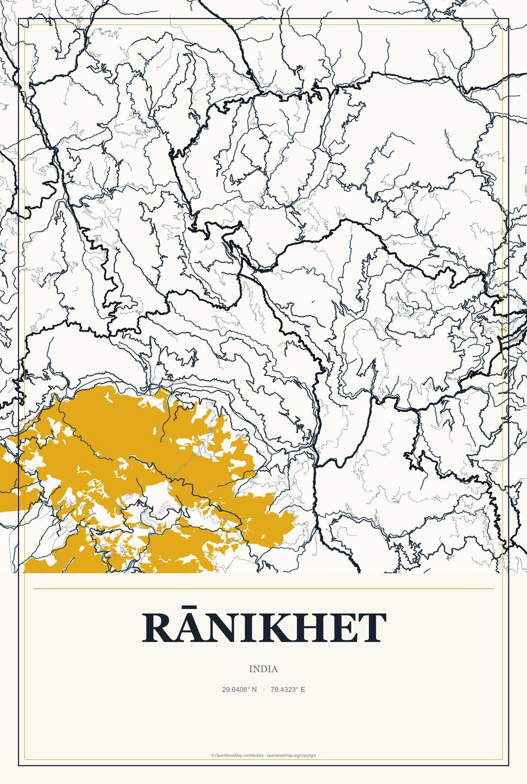 Rānikhet, India City Map Aluminum Sign in Citrine Modern style