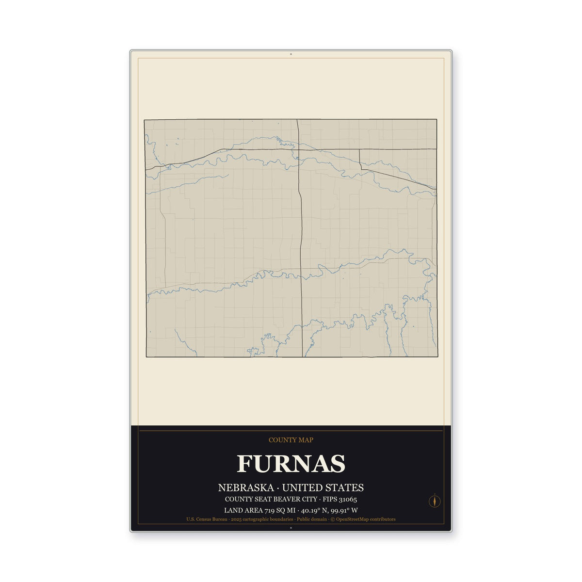 Furnas County, Nebraska Map Aluminum Sign in Museum Plaque style