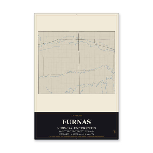 Furnas County, Nebraska Map Aluminum Sign in Museum Plaque style