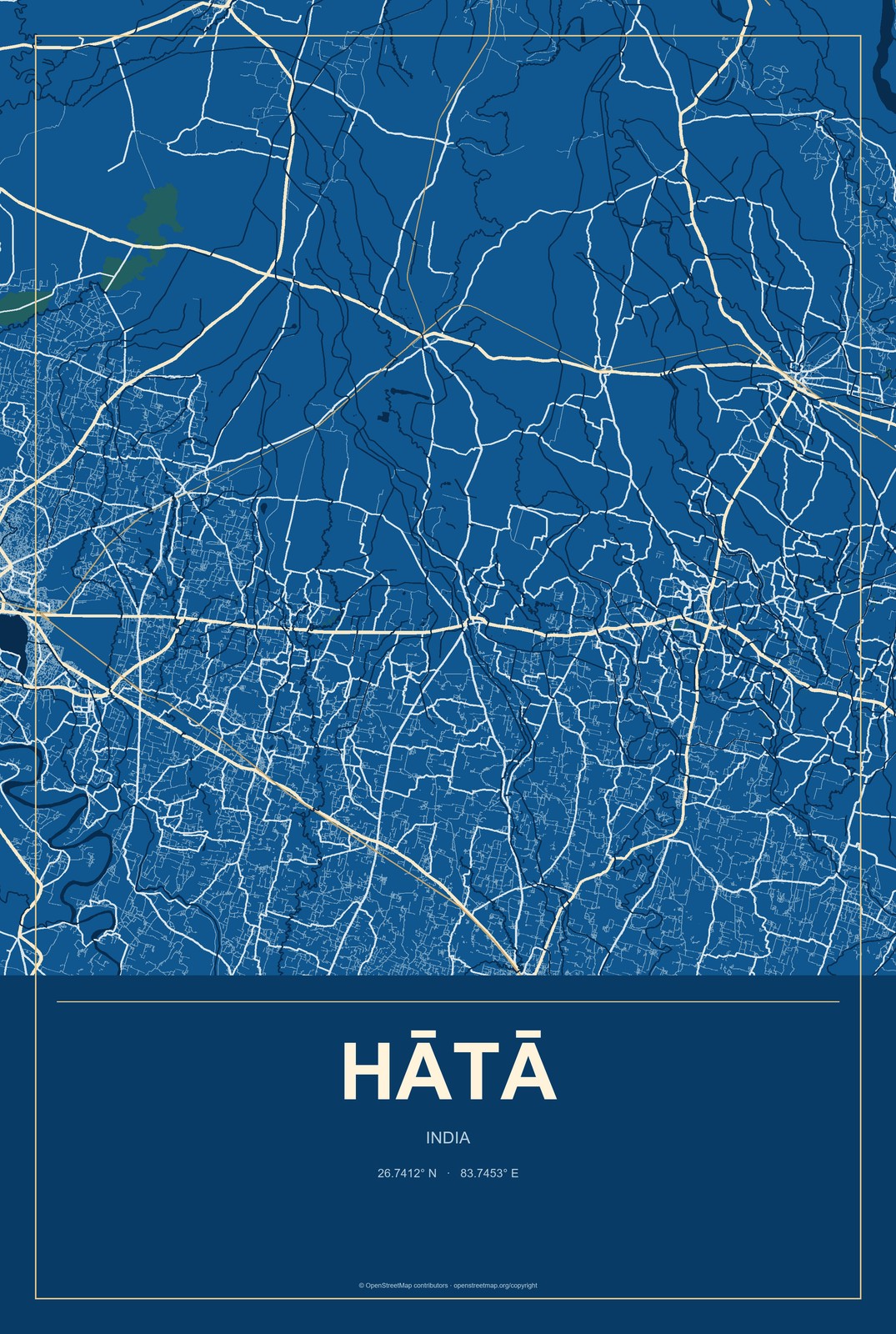 Hātā, India City Map Aluminum Sign in Harbor Cobalt style