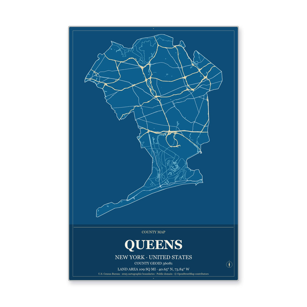 Queens County, New York Map Aluminum Sign in Harbor Cobalt style