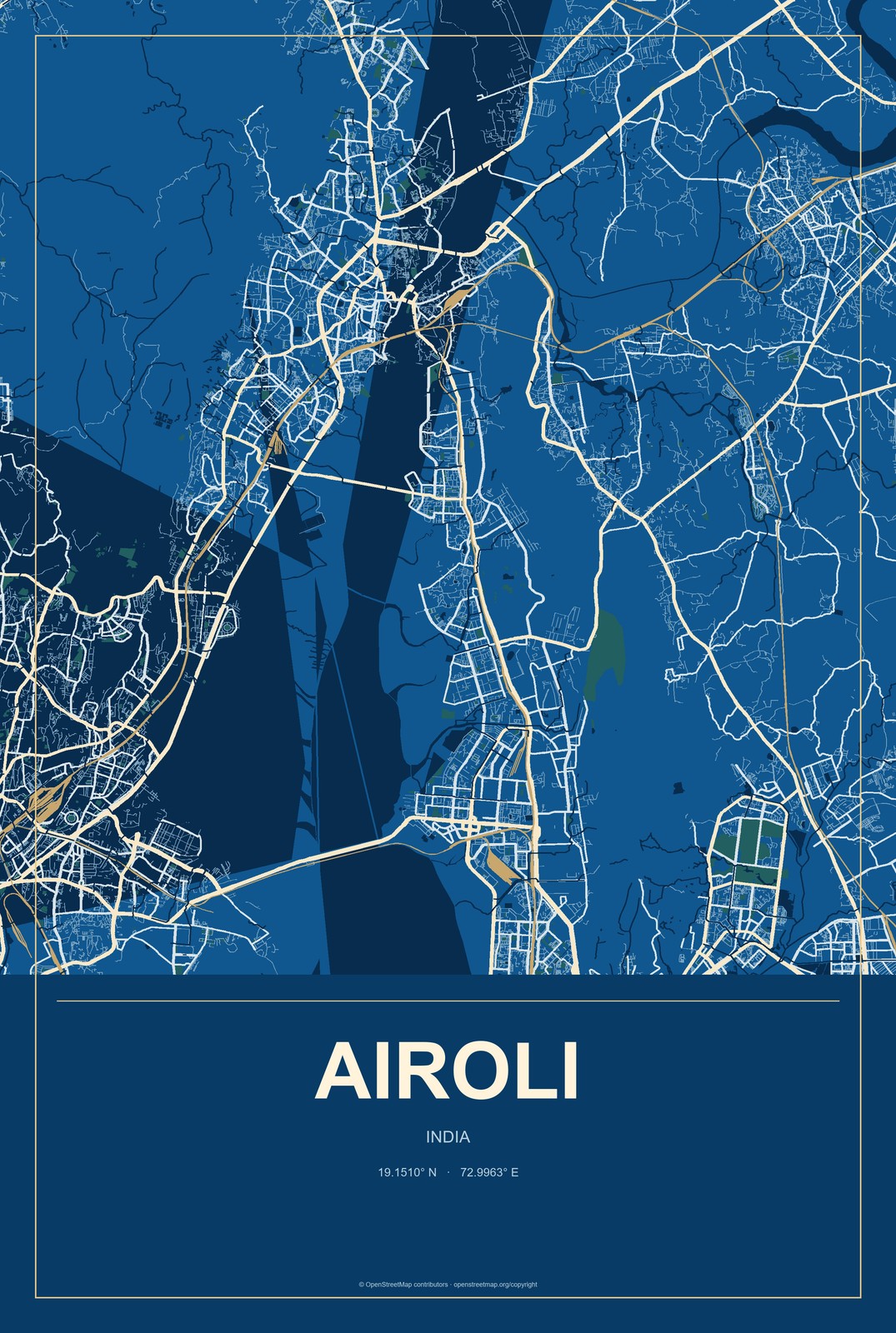 Airoli, India City Map Aluminum Sign in Harbor Cobalt style
